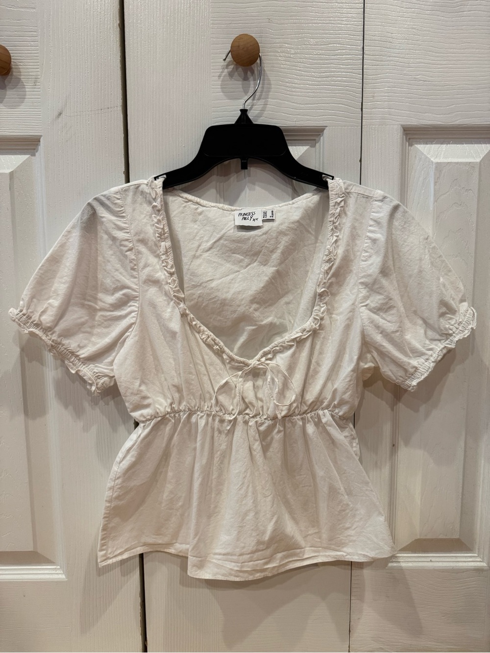 Princess Polly Cream Ruffle V-Neck Puff Sleeve Top